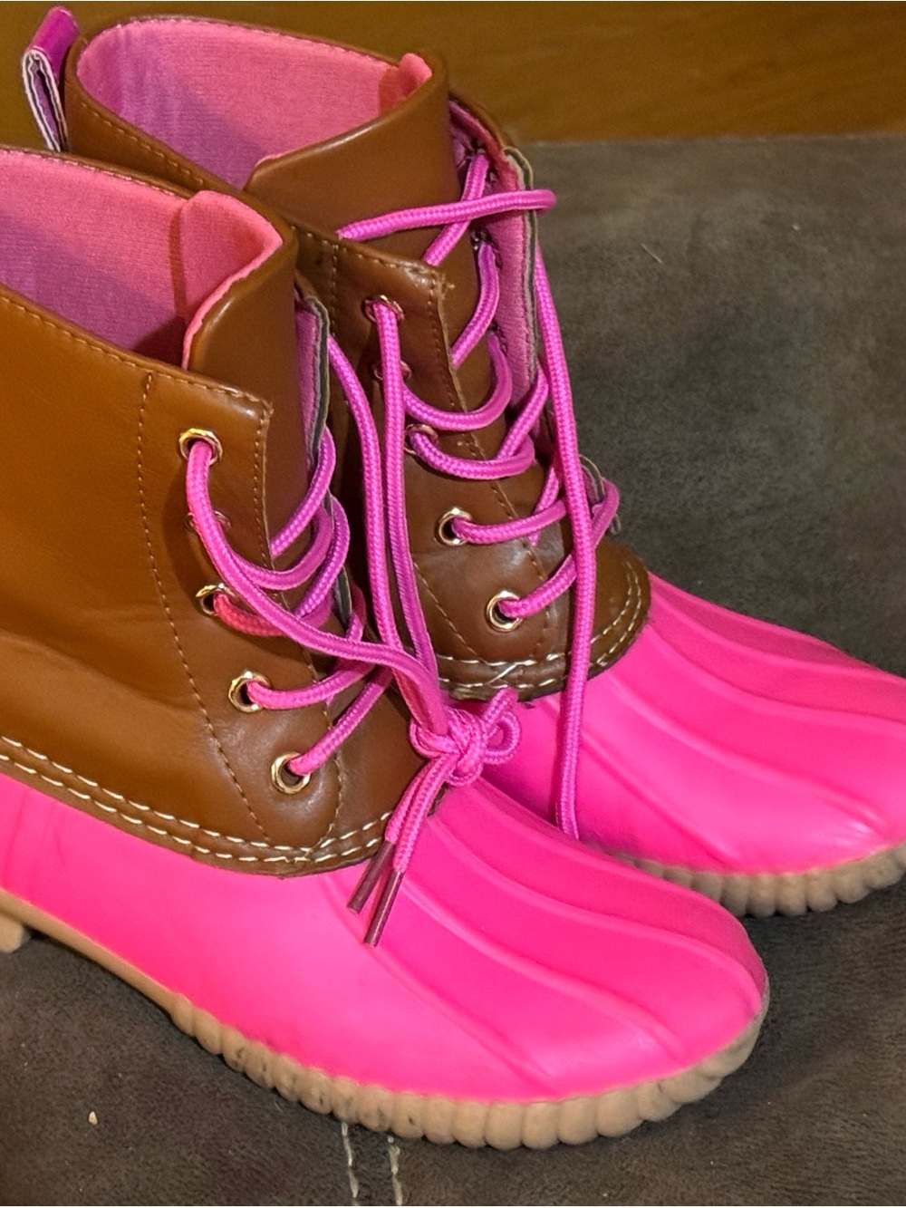 K MISSION -HCS BOUTIQUE Brown and Hot Pink Lace-Up Water Duck Boots